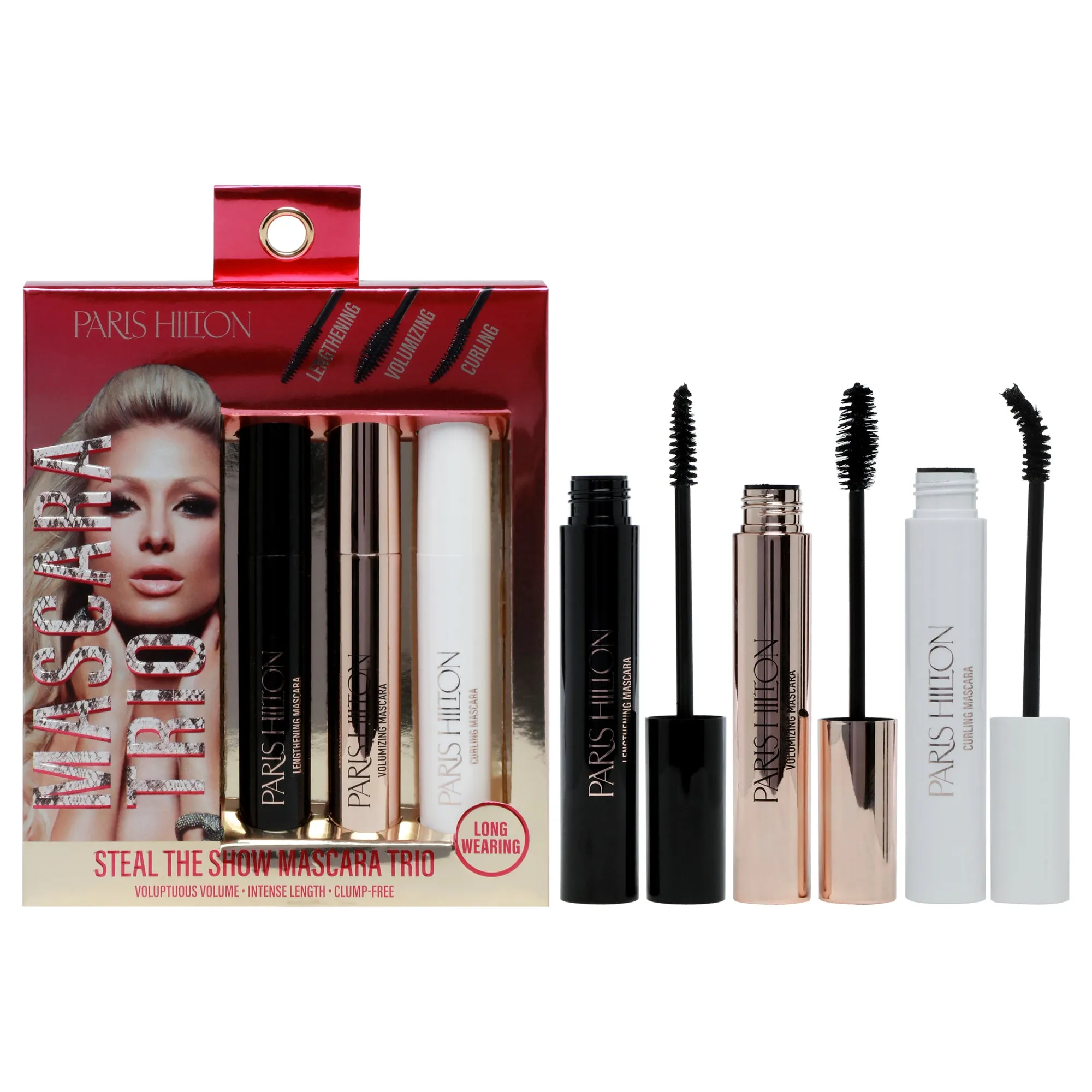 Paris Hilton Cosmetics Steal The Show Mascara Trio by Paris Hilton Cosmetics for Women - 3 Pc 0.27oz Lengthening Mascara. 0.27oz Volumizing Mascara. 0.27oz Curling Mascara